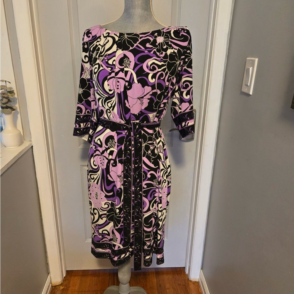 Tahari ASL Purple and Black Floral Midi Dress
